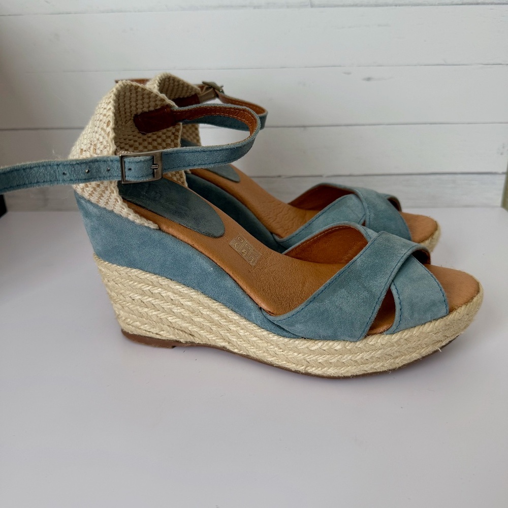 Pinaz Blue Suede and Cream Jute Woven Wedge
